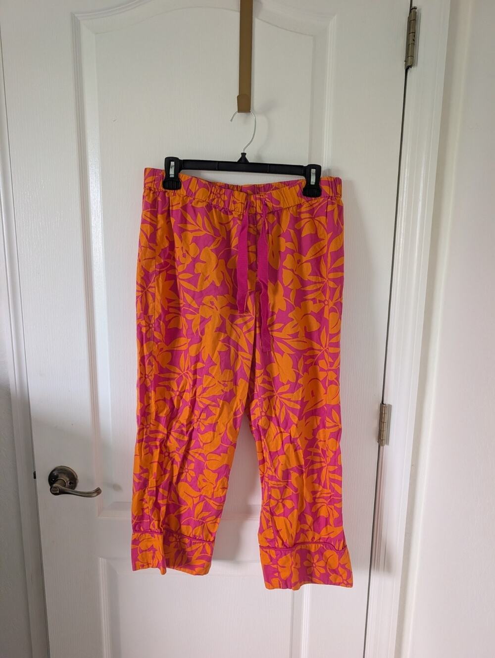 Lands' End 100% Cotton Lounge Pant Pink Orange Floral Elastic Waist Drawstring M